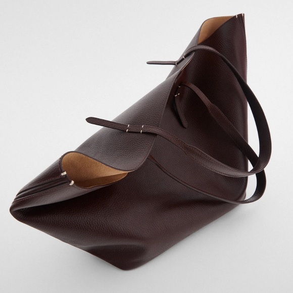 Zara Brown 100% Leather Reversible Tote Bag - Picture 2 of 6